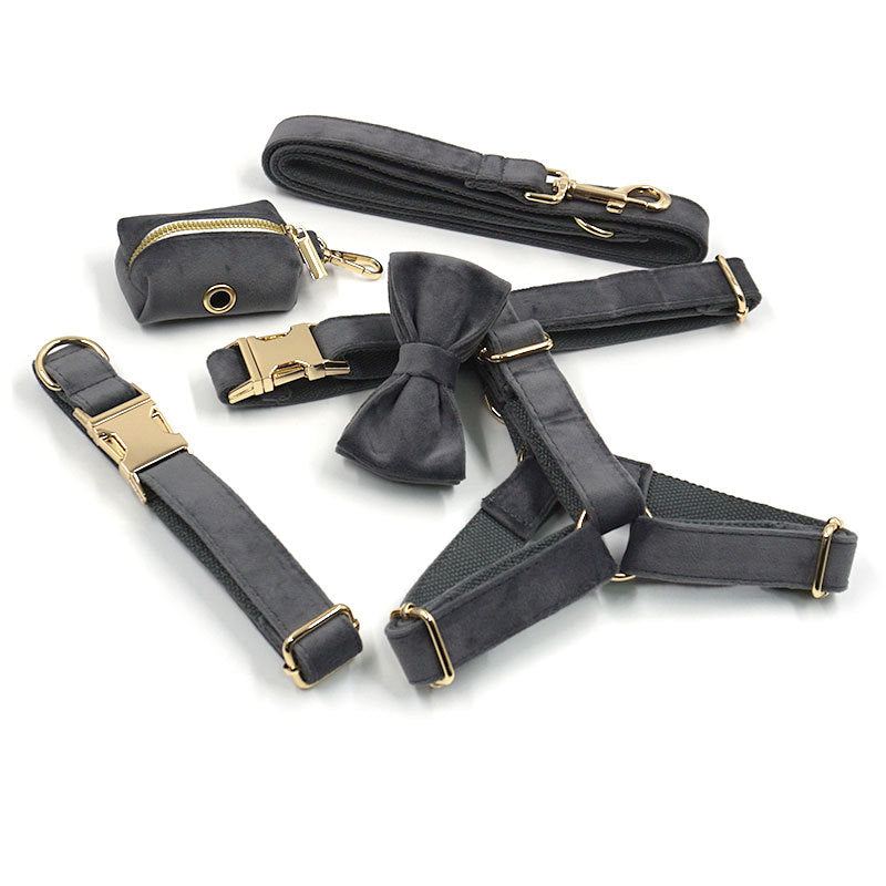 Luxe Velvet Dog Collar & Leash Set - Dark Grey with Gold Buckles