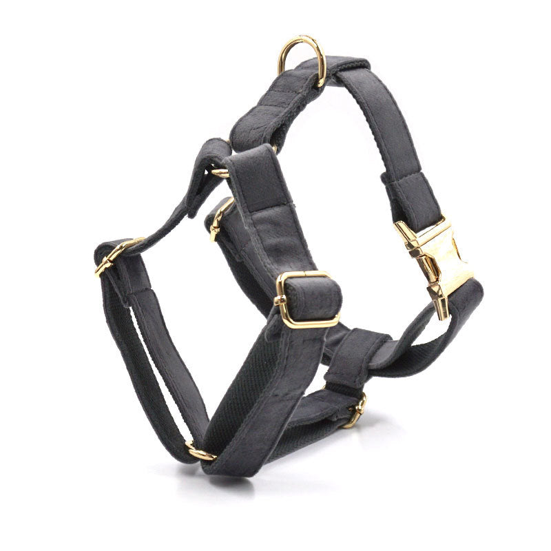 Luxe Velvet Dog Collar & Leash Set - Dark Grey with Gold Buckles