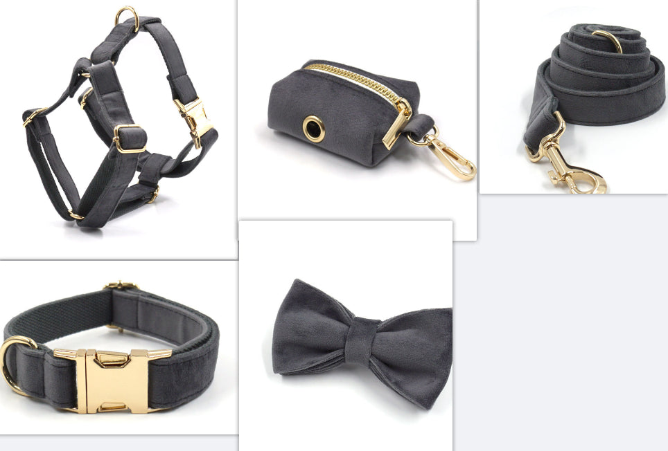 Luxe Velvet Dog Collar & Leash Set - Dark Grey with Gold Buckles